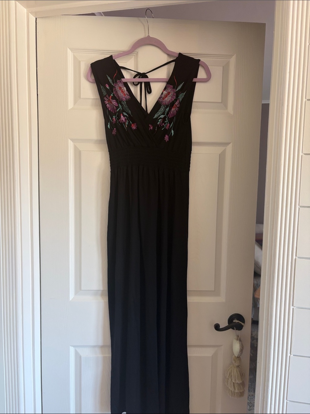 Lascana Black Embroidered V-Neck Maxi Dress with Floral Detail Size 8